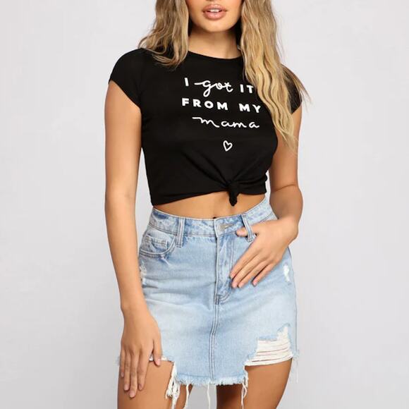 Windsor S Black Got It From My Mama Crop Knot Crew Neck Short Sleeve Tee - Picture 2 of 5